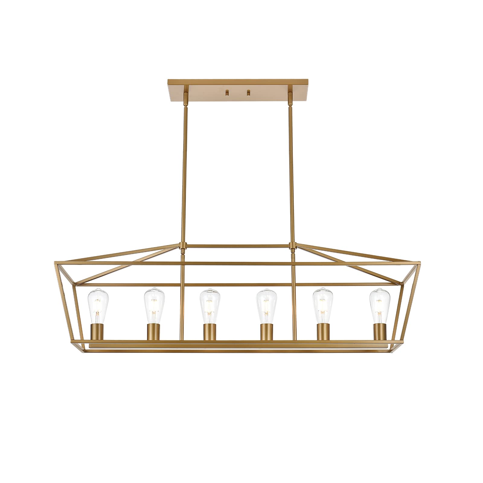 Modern 4 Light Farmhouse Chandelier Gold Linear Kitchen Island Pendant Light Traditional Rectangular Dining Room Lighting Fixture Hanging Metal Cage Pendant Lamp for Hallway Foyer