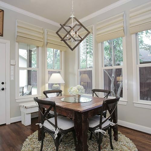 2024 Upgraded Wood Farmhouse Chandeliers for Dining Room, 4-Light Rustic Foyer Geometric Lantern Coastal Pendant Light Fixture, Modern French Country Lighting for Kitchen Island Entryway Bedroom Entry