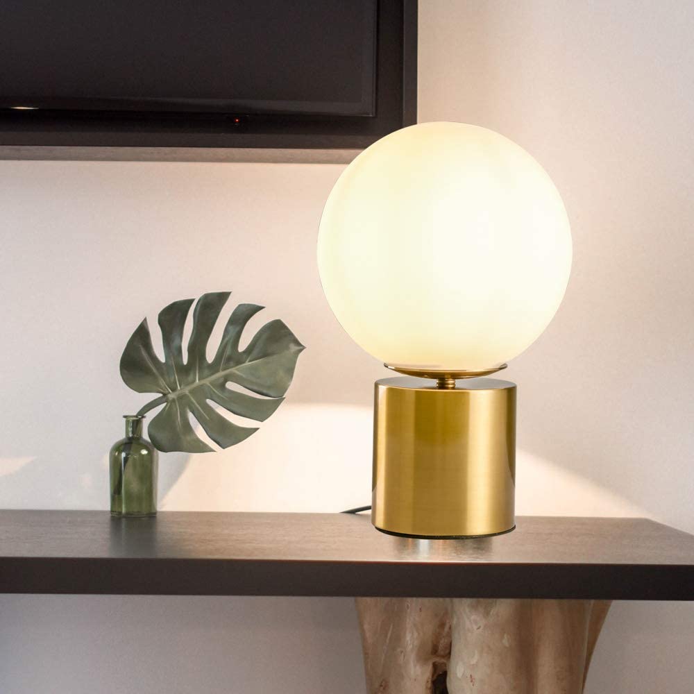 Modern Gold Globe Table Desk Lamp,Vintage Mid Century Round Table Lamp with White Glass Shade Metal Base for Bedroom Bedside Lamp Living Room End Table