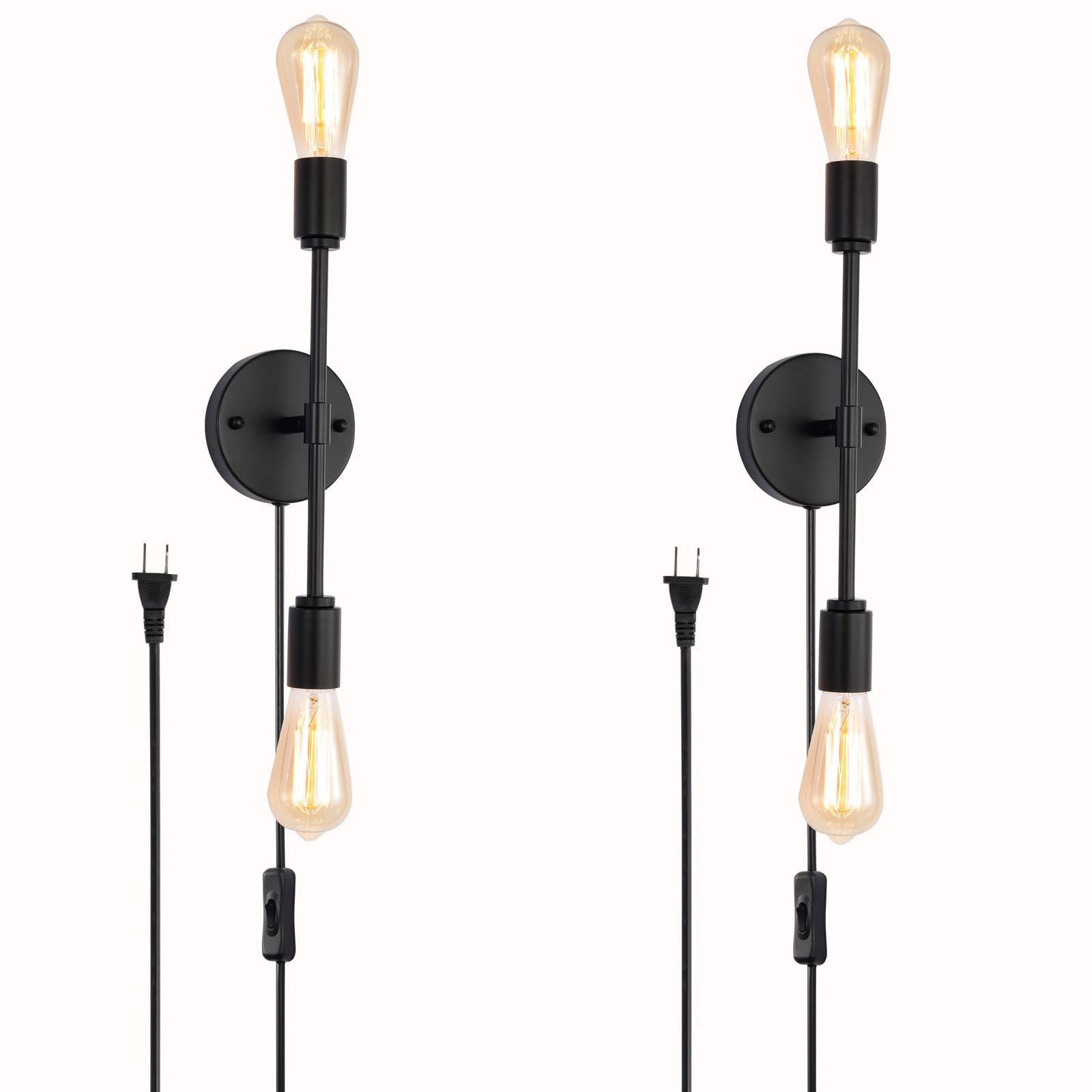 2-Light Black Bathroom Vanity Light Fixtures，Modern Industrial Wall Light Fixtures with On/Off Switch Cord, Plug in Wall Sconce Set of Two for Living Room Bathroom Farmhouse Dining Room