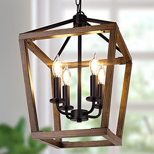 Gold Chandelier 4-Light, Farmhouse Pendant Light Fixture Adjustable Height, Modern Dining Room Light Fixture, Lantern Ceiling Hanging Lighting with Metal Cage for Kitchen Island Entryway Foyer