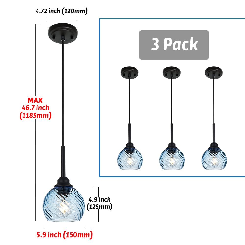 3 Light Island Lights for Kitchen with Striped Swirl Globe Glass, Black Linear Hanging Pendant Light Fixture Farmhouse Chandelier for Dining Room Bar Living Room