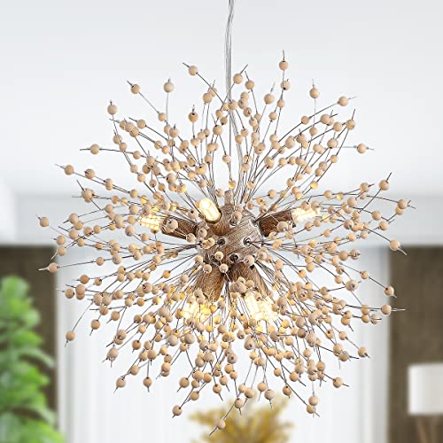 Modern Wooden Beads Dandelion Chandelier, Firework Pendant Lighting, 8-Lights Boho Hanging Light Fixture for Living Room Dining Room Bedroom Kitchen Foyer（Bulb is Included）