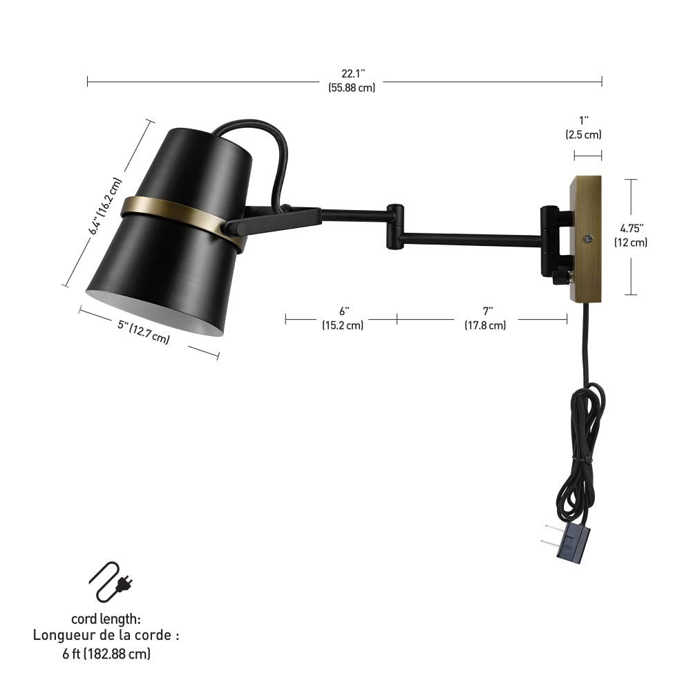 Globe Electric 51725 1-Light Dimmable Plug-in or Hardwire Wall Sconce, Matte Black, Faux Walnut Accent, Stepless Dimming Rotary Switch on Canopy, Black Fabric Cord, Bulb Not Included