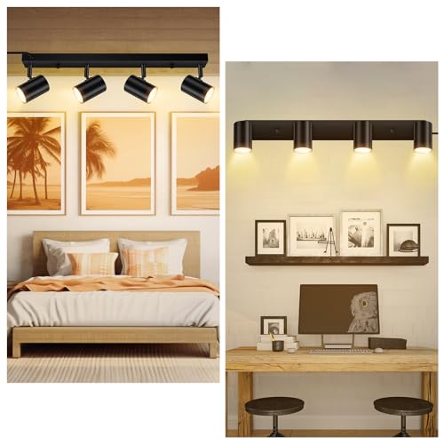 3 Light Track Lighting Kit,Black 3 Way Modern Plug in Ceiling Spotlight,Industrial LED Wall Light for Kitchen Cabinet Gallery Bar Hallway Living Room,Rocker Switch,15 Foot Cord(No Bulb)