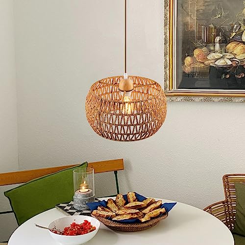 Rattan Pendant Light Fixture Basket Hanging Drum Chandelier Basket Light White Boho Ceiling Light Flush Mount Ceiling Light Woven Kitchen Chandelier for Dinning Room Hallway Bedroom Chandelier