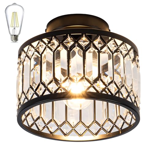 Crystal Ceiling Light Fixture, Modern Semi Flush Mount Ceiling Light,Crystal Chandelier for Kitchen Bedroom Bathroom Entryway Black (Bulb Included)