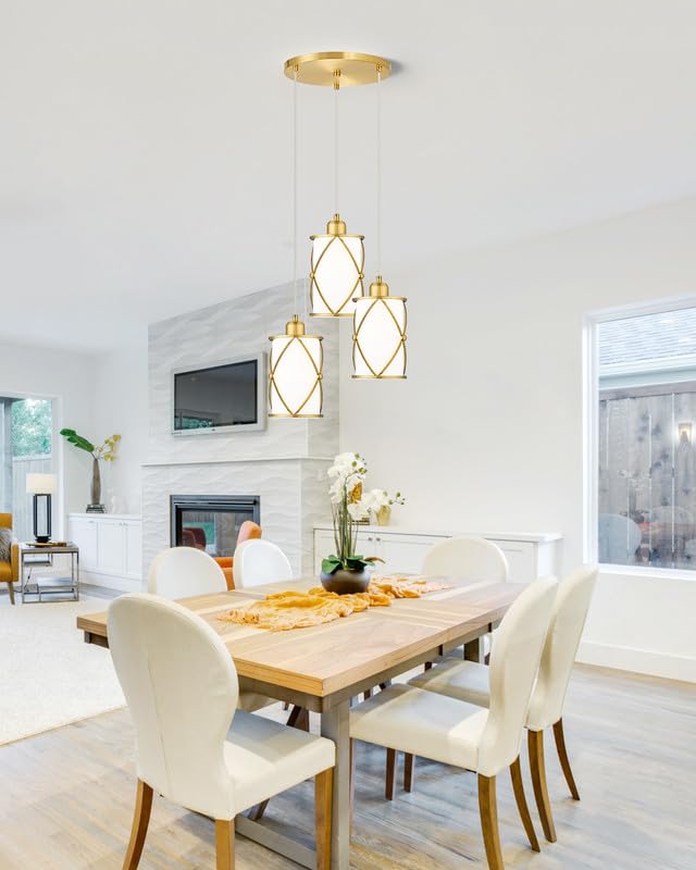 Brushed Gold Pendant Light Fixtures, 3-Light Modern Dining Room Cluster Pendant Light with Milky Glass, Mid Century Cage Hanging Pendant Lighting for Kitchen, Adjustable, CH9176BGW3