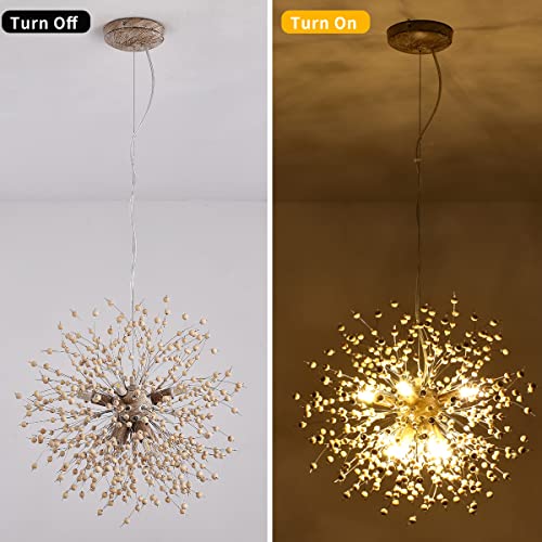 Modern Wooden Beads Dandelion Chandelier, Firework Pendant Lighting, 8-Lights Boho Hanging Light Fixture for Living Room Dining Room Bedroom Kitchen Foyer（Bulb is Included）