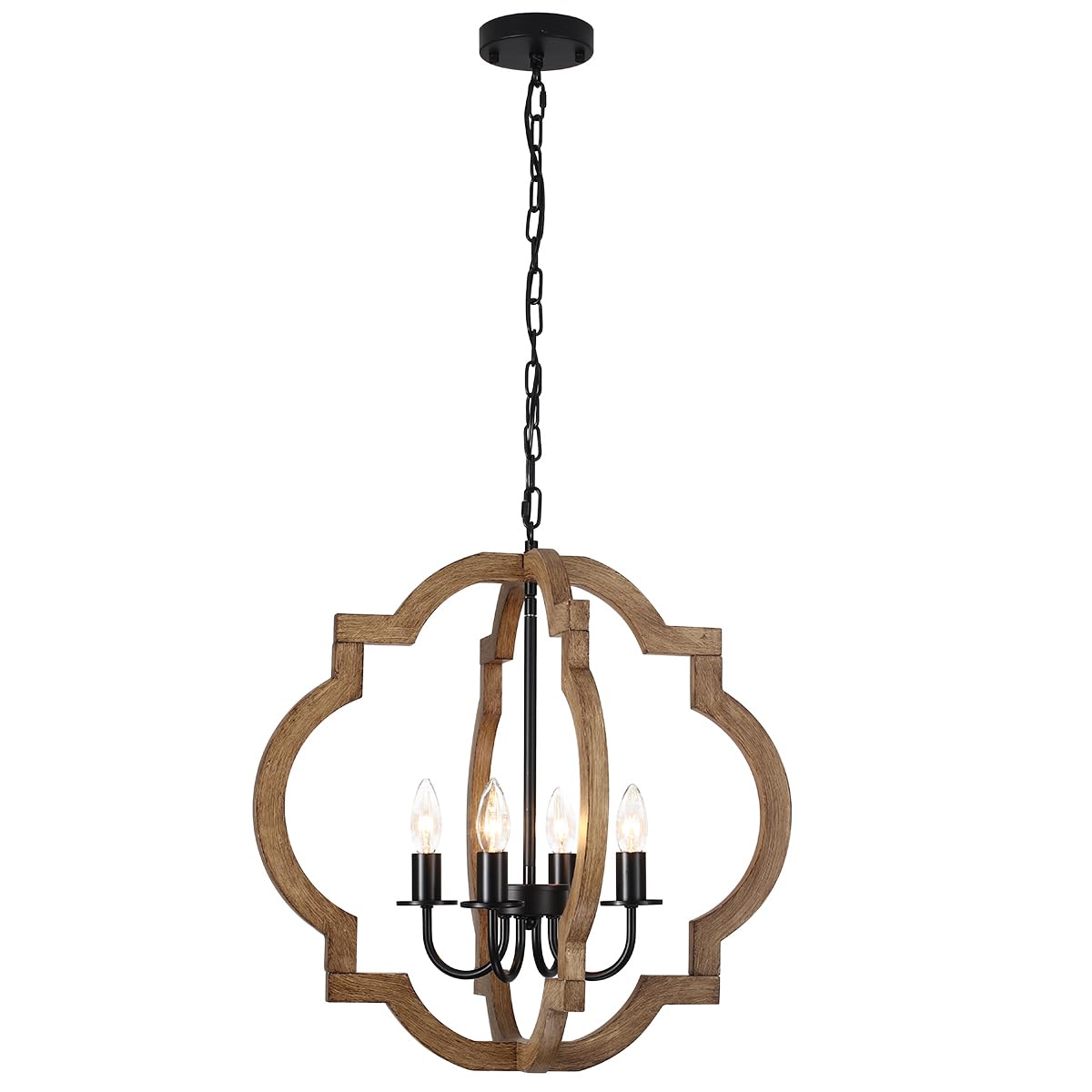 Farmhouse Orb Chandelier, Rustic Wood Chandelier for Dining Room, 4-Light Pendant Light for Kitchen Island Hallway Foyer Entryway Bedroom, Adjustable Height