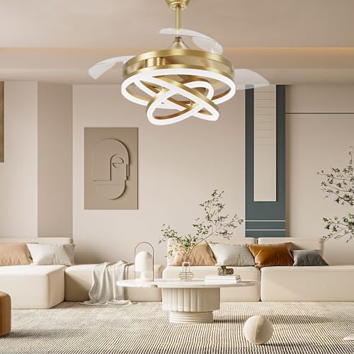 42 Inch Retractable Ceiling Fan, Chandelier Ceiling Fans with Lights, Silent DC Motor, 6 Speeds, 3 Color Changing for Bedroom Living Room (Gold)