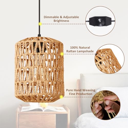 Plug in Pendant Light, Rattan Hanging Lights with Plug in Cord 15ft Dimmable Cord, Hand Woven Wicker Lampshade Hanging Lamp, Boho Plug in Hanging Ceiling Light Fixture for Farmhouse Bedroom White