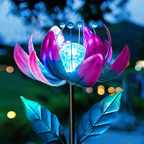 Solar Garden Lights Metal Flower Decor, Colorful Spinning Windmill Lotus Pathway Ligths with LED Cracked Crystal Ball Outdoor Decorative Stake Lighting Waterproof Flower Sculpture for Patio Yard