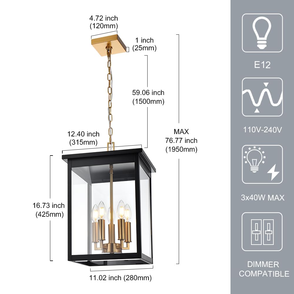 3-Lights Large Outdoor Pendant Lighting Clear Glass, Ceiling Porch Light Fxitures Adjustable Chain for Foyer Patio, Exterior Hanging Lantern Lamp, E12 Bulb Base, Black & Bruhed Brass