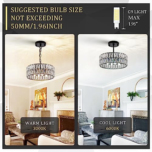 Gold Crystal Chandeliers, Modern Semi Flush Mount Chandelier 4-Ligh Drum Crystal Ceiling Pendant Light Fixture 12” for Foyer Entryway Kitchen Hallway Dining Room