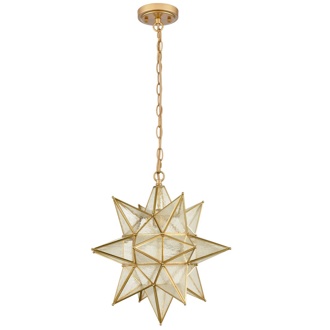 Moravian Star Pendant Light 20-Inch Large Hanging Ceiling Light Modern Gold Finish with Seeded Glass Adjustable Chain