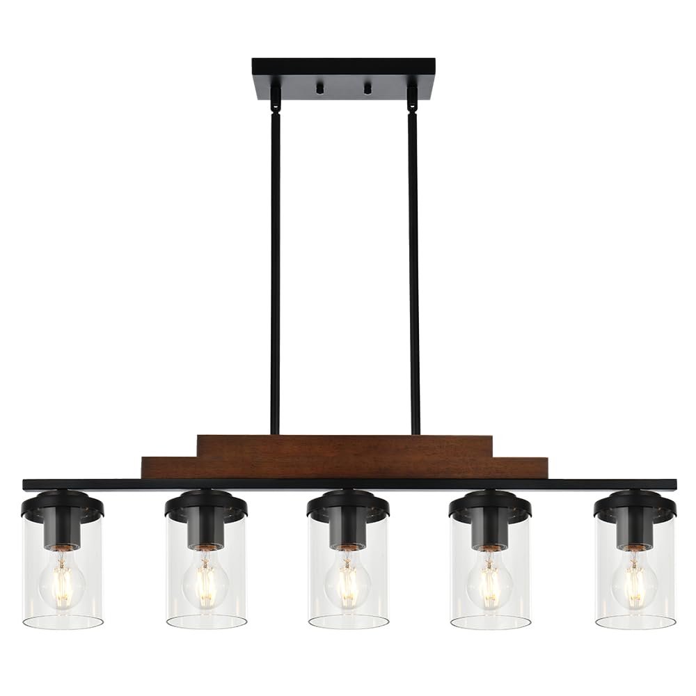 Rustic Chandelier 3 Lights Black Pendant Lighting Linear Kitchen Island Hanging Light Fixture Farmhouse Wood Pendant Ceiling Light Fixture with Clear Glass Shade for Dining Room Pool Table