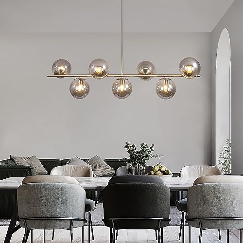 KCO Lighting Modern Brass Linear Chandelier Pendant Light 7-Lights Gold and White Glass Pendant Lighting Mid Century Globe Dining Light Fixture for Living Room Kitchen