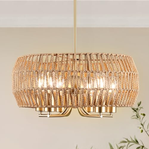 Rattan Chandelier Light Fixture 6-Light Large White Pendant Lighting Hand Woven Rustic Boho Chandelier Adjustable Farmhouse Drum Hanging Light Fixture for Kitchen Island Dining Room Hallway