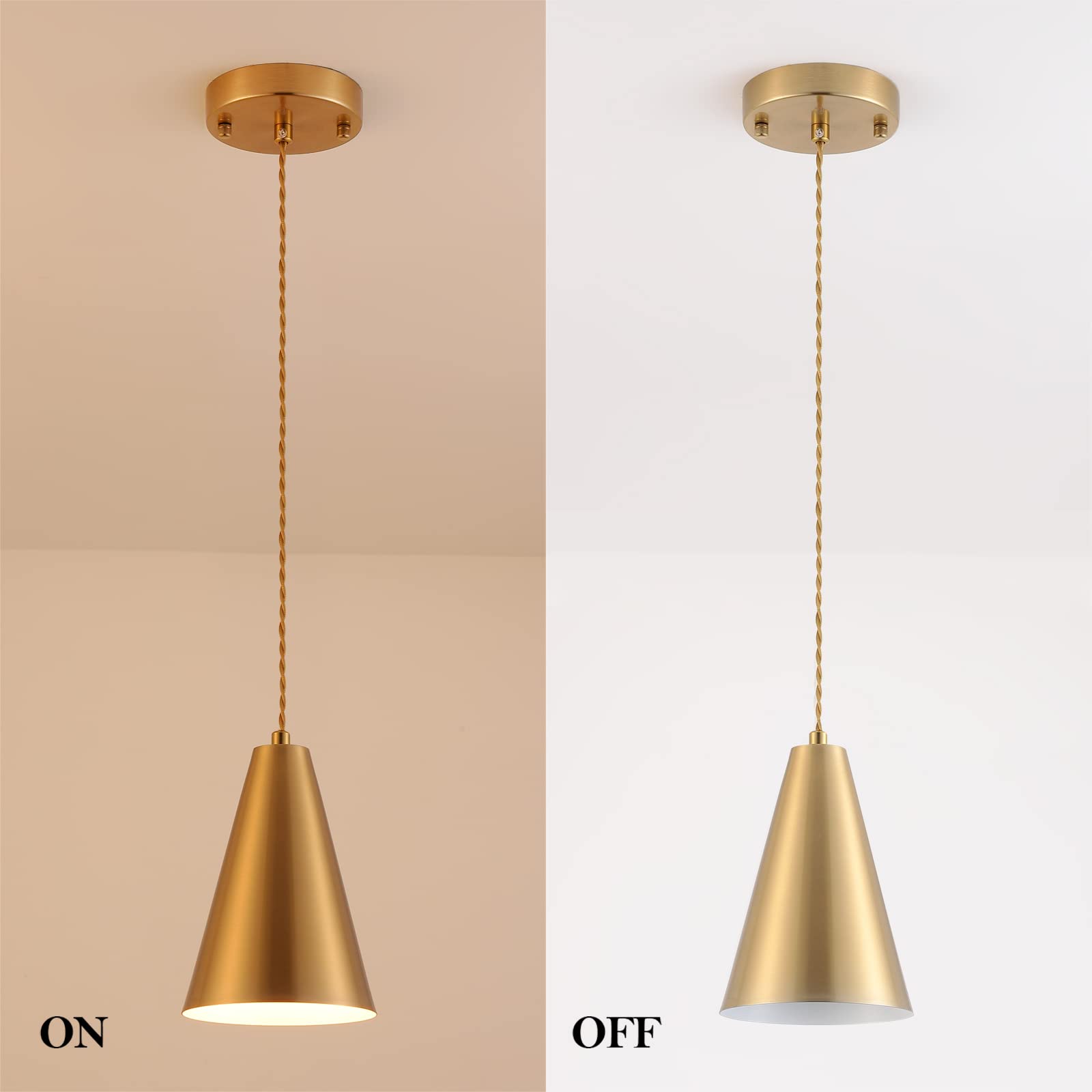 Gold Pendant Lights Kitchen Island,Dining Room Light Fixtures Over Table 3 Pack with Brushed Brass Cone Metal Shade, Modern Farmhouse Mini Chandeliers,Adjustable Cord Hanging Lighting for Bar,Sink