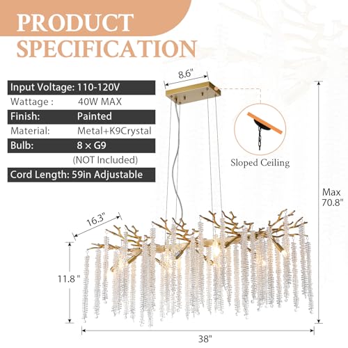 Modern Tree Branch Crystal Chandelier Luxury Gold Raindrop Pendant Lighting 23.6" Contemporary 8-Light Chandeliers for Dining Room Kitchen Bedroom Living Room