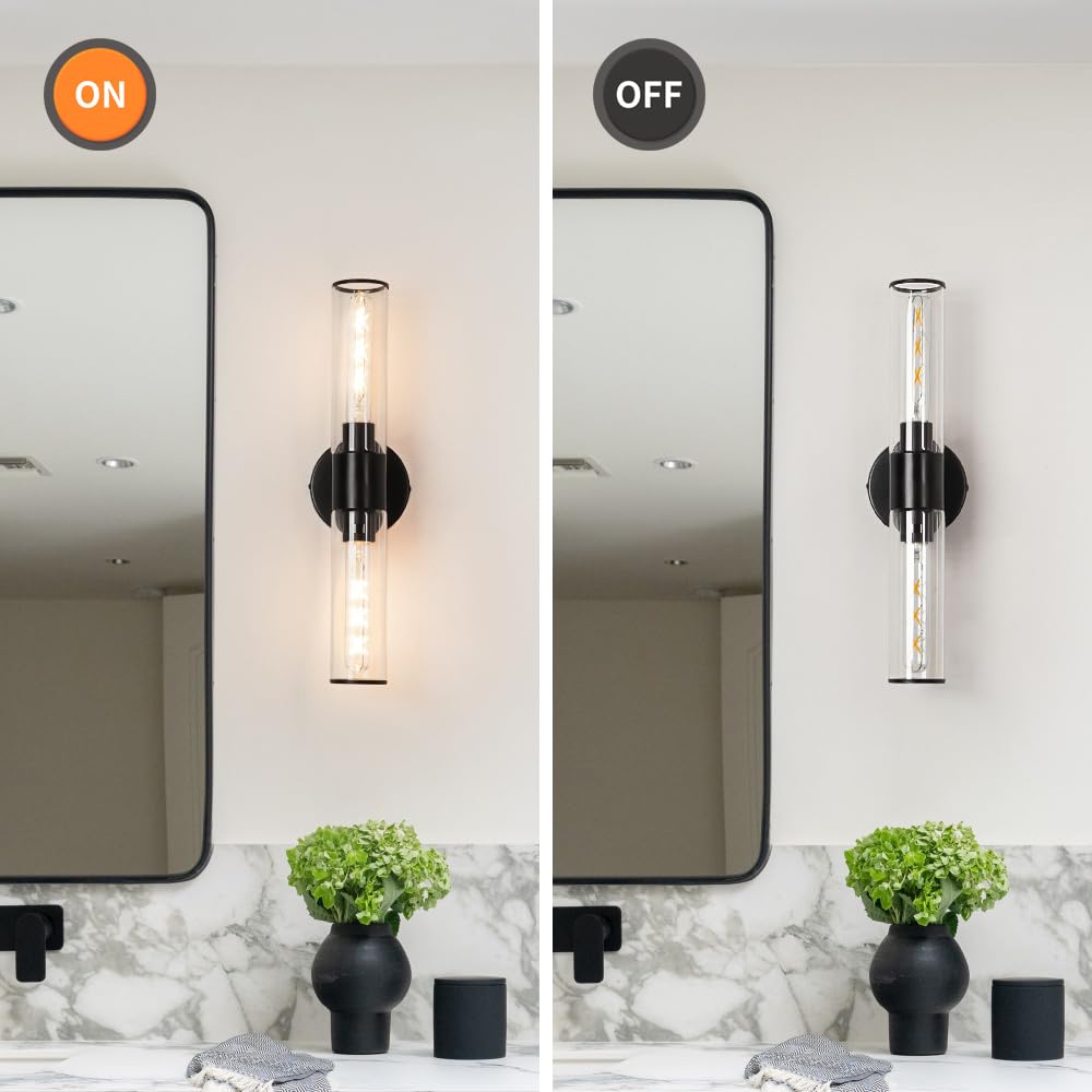 Black Vanity Lights for Mirror, Modern Bathroom Light Fixtures with Clear Glass Shade, 2-Light Cylinder Wall Sconce for Bathroom, Bedroom, Hallway