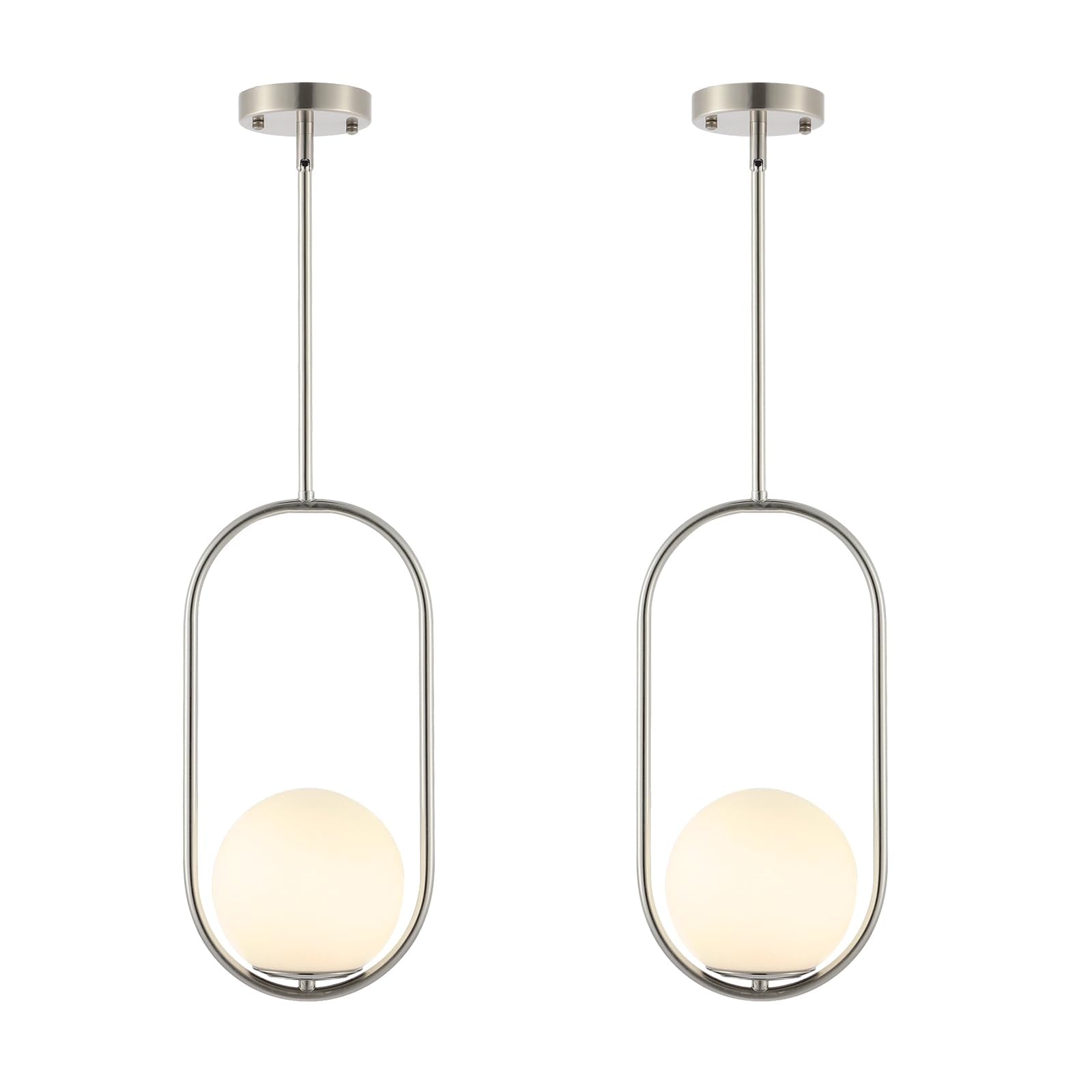 Modern Gold Globe Pendant Light Mid Century Chandelier 1-Light Brushed Brass Ceiling Hanging Lighting Fixture with White Globe Glass Lampshade for Kitchen Island Dining Room Bedroom (2 Pack)