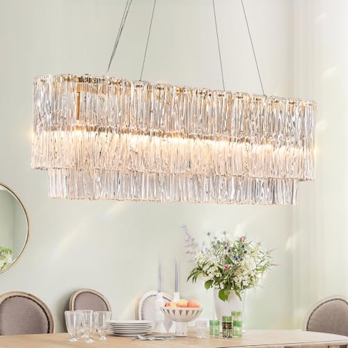 Modern Gold Chandeliers,20” Crystal Glass Pendant Ceiling Light Fixtures 7-Light Round Chandelier Luxury 2 Tiers Hanging Chandelier for Dining Room Foyer Living Room Bedroom