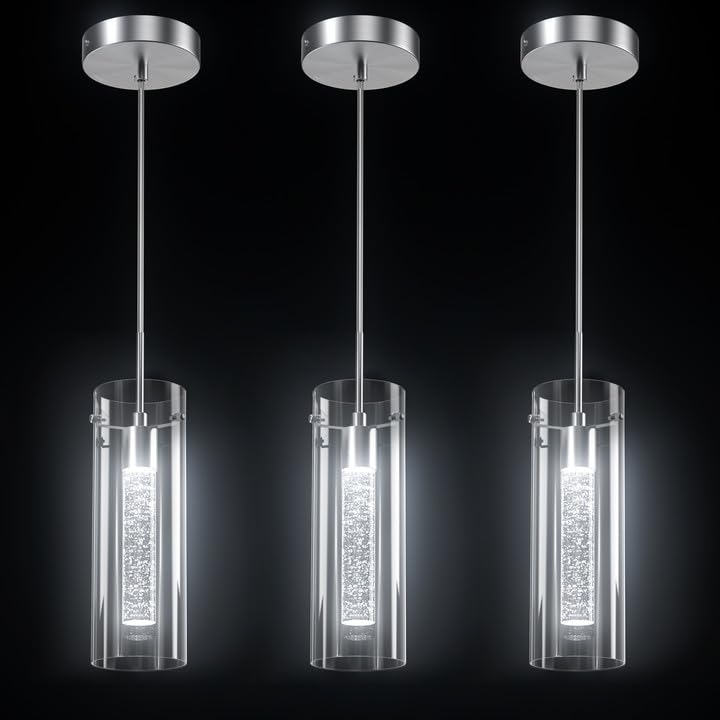 Pendant Ceiling Light Fixture, LED Kitchen Lighting Crystal Pendant Lights Kitchen Island, 1-Light Integrated Kitchen Hanging Light Fixture Modern Island Light with Bubble Glass Three Pack