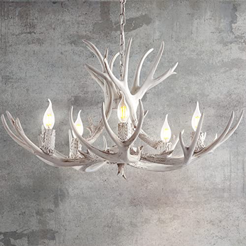 30" Adjustable Resin Antler 5-Light LED Chandelier, Glam, Rustic,Cottage,Transitional, Dimmable Dining Room, Living Room, Kitchen, Foyer, Bedroom, White