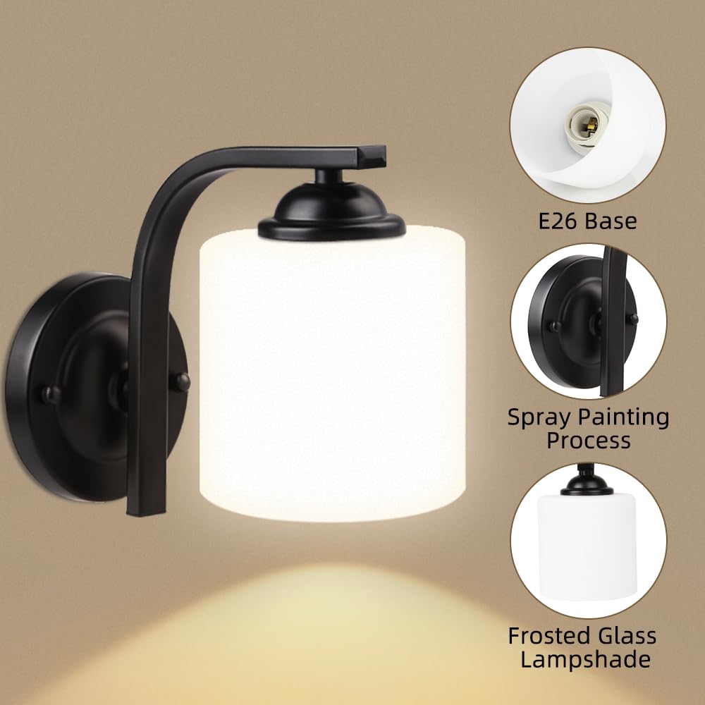 Wall Sconce 1 Light, Modern Wall Light Fixture, Bathroom Vanity Lights with Matte Black Wall Lamp for Bedroom Kitchen Hallway Porch, Milky White Glass Shades, E26 Socket, Bulbs Not Included