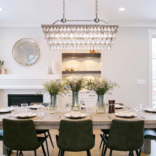 Dining Room Crystal Chandelier,30 inch Antique Bronze Rectangle Crystal Ceiling Light,4 Lights Farmhouse Kitchen Island Lighting,Adjustable Hanging Light Fixtures