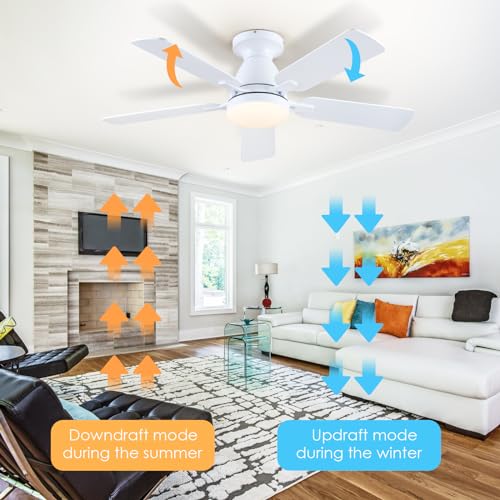 Ceiling Fans with Lights- 46"Low Profile Indoor Ceiling Fan with Light and Remote/APP Control, Flush Mount, LED Dimmable DC Reversible Modern Ceiling Fan for Bedroom（Black）