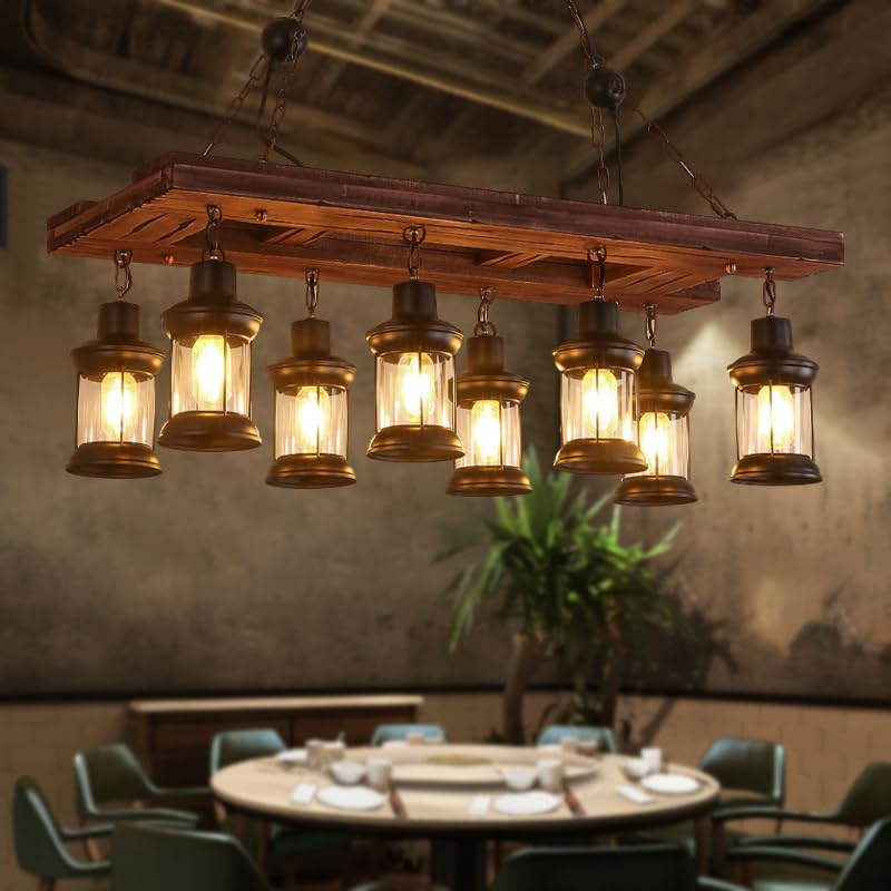 Rustic Chandelier Farmhouse Rustic Light Fixtures for Dining Room Kitchen Island, Industrial Wooden Hanging Lights Ceiling Light Fixture for Game Room Bar Coffee Pool Table (8-Light)