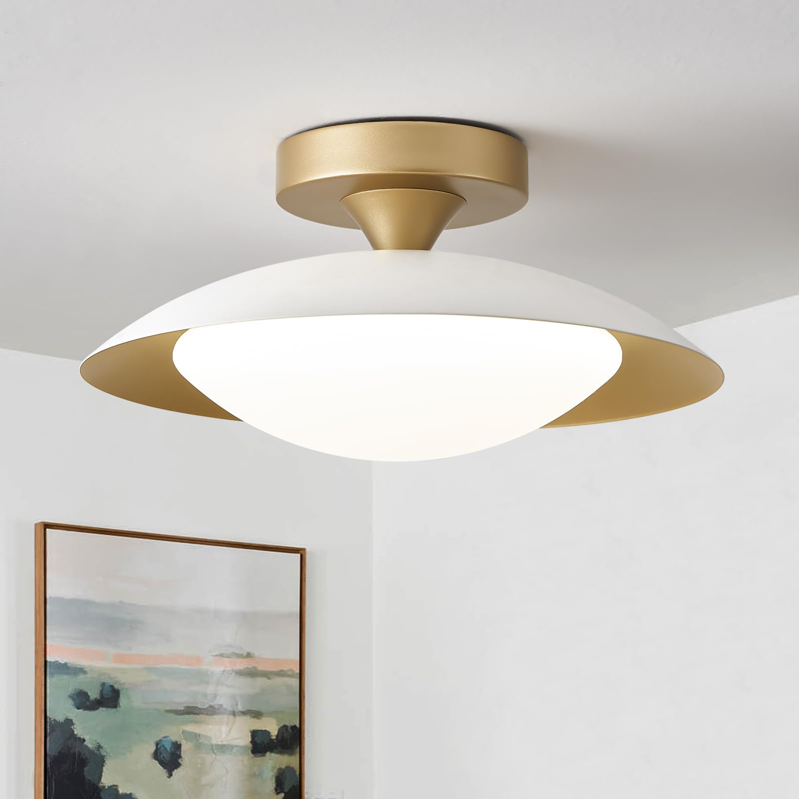 Dimmable White and Gold Ceiling Light, Mid-Century Semi-Flush Mount Ceiling Light, Modern LED Lighting Fixture, 5CCT 2700K-6000K Ceiling Lamp for Bedroom Hallway Laundry Room Kitchen 11.8 in