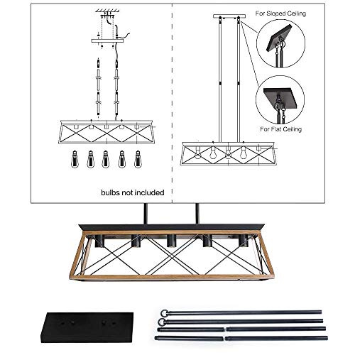 Farmhouse Chandeliers for Dining Room, Rustic Kitchen Island Light Fixture, 5-Light Linear Pendant Lighting Rectangular Chandelier, Metal Solid Ceiling Lights Black