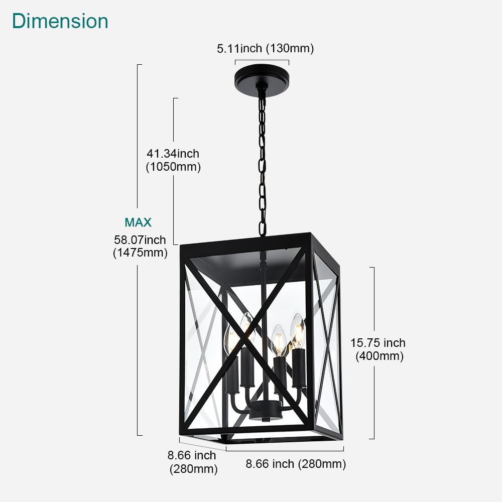 Black Outdoor Pendant Light 4-Light Outside Pendant Hanging Light Fixture Ceiling Mount with Clear Glass Industrial Hanging Cage Chandelier for Porch,Entryway,Doorway,Farmhouse