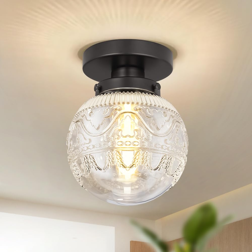 Semi Flush Mount Ceiling Light Fixtures, Vintage Globe Glass Ceiling Light Fixture, Antique Small Black Hallway Light Fixtures for Bedroom, Closet, Entryway, Bathroom, Kitchen