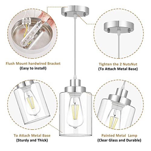 Industrial Pendant Lighting, Modern Clear Glass Shade Farmhouse Adjustable Hanging Light Fixtures for Kitchen Island Living Room Bedroom Hallway, 3-Pack