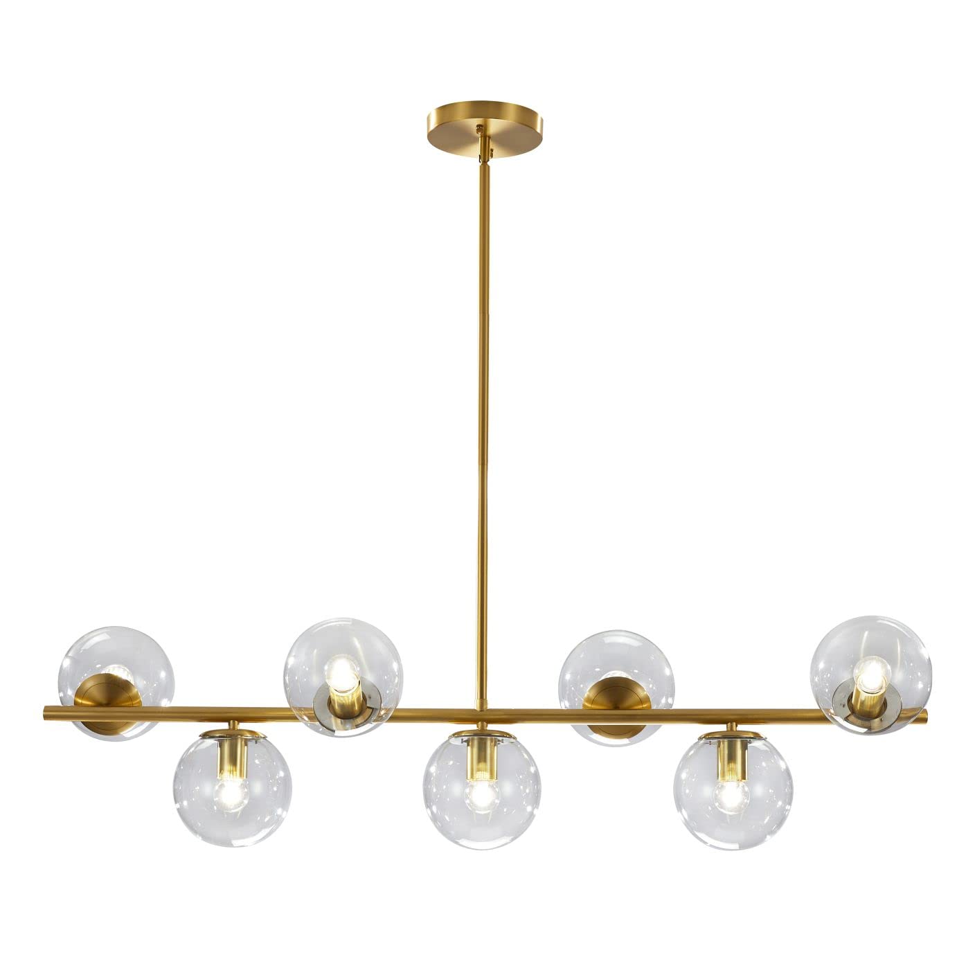 KCO Lighting Modern Brass Linear Chandelier Pendant Light 7-Lights Gold and White Glass Pendant Lighting Mid Century Globe Dining Light Fixture for Living Room Kitchen