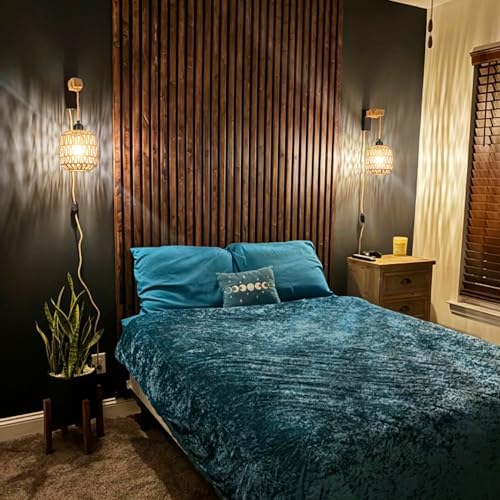 Rattan Wall Sconces Set of Two Plug in,Farmhouse Plug in Wall Sconces Hand Woven Bamboo Wall Light Fixtures with Switch,Rustic Black Wall Sconce Light Wall Lamp Plug in Sconces for Living Room Bedroom