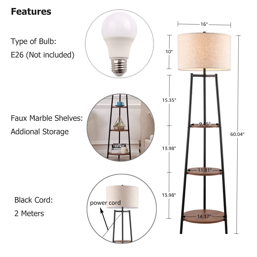 Floor Lamp, Standing Reading Light with Faux Marble Shelves and Fabric Shade, Modern Tall Pole, Accent Furniture Décor Lighting for Living Room, Bedrooms