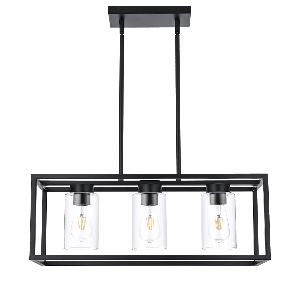 Farmhouse Chandelier for Kitchen Island, Matte Black 5-Light Dining Room Lighting Fixtures, Modern Rectangular Pendant Lighting Chandelier with Clear Glass Shade