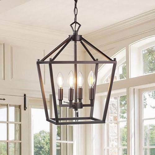 Lantern Dimmable Adjustable Metal LED Pendant Classic Traditional Farmhouse Dining Room Living Room Kitchen Foyer Bedroom Hallway, 10 in, Antique Gold