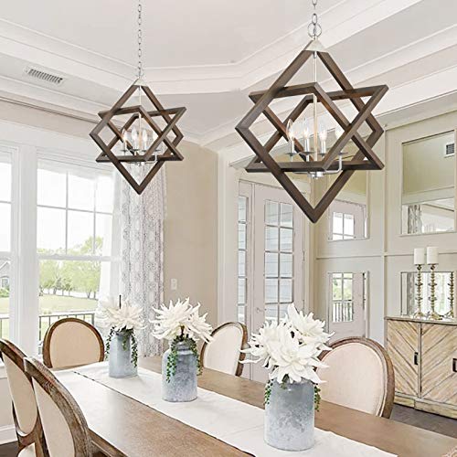 2024 Upgraded Wood Farmhouse Chandeliers for Dining Room, 4-Light Rustic Foyer Geometric Lantern Coastal Pendant Light Fixture, Modern French Country Lighting for Kitchen Island Entryway Bedroom Entry