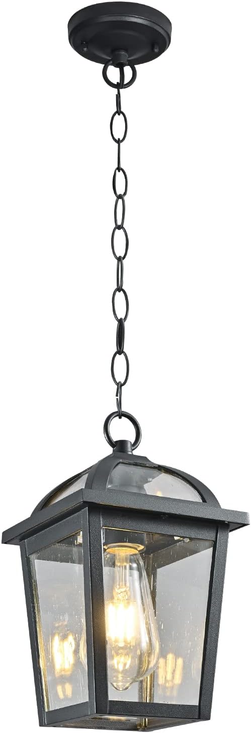 Outdoor Pendant Light Fixture, White Retro Exterior Hanging Lantern with Adjustable Chain, Outdoor Hanging Porch Light with Seeded Glass for Patio Backyard Front Porch