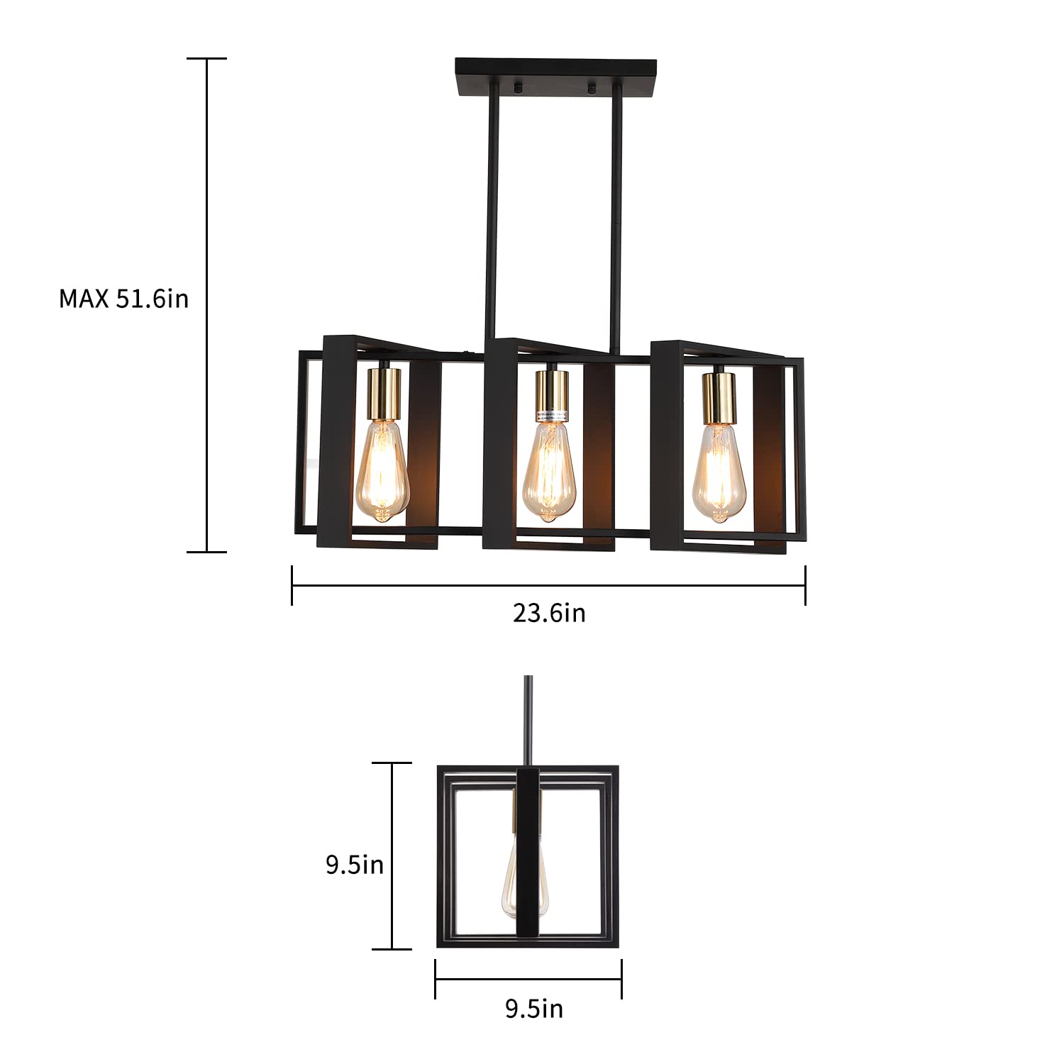 9MMML 3 Lights Kitchen Island Lighting, Modern Rectangle Linear Pendant Light, Black Frame+ Gold Socket Chandelier for Dining &Living Room Foyer Entryway Hallway,E26,Height Adjustable.