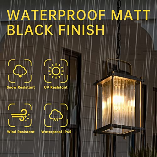 Outdoor Hanging Porch Light Waterproof Black and Gold Outdoor Pendant Lights Outdoor Chandelier with Striped Glass for Porch Entryway and Front Door.