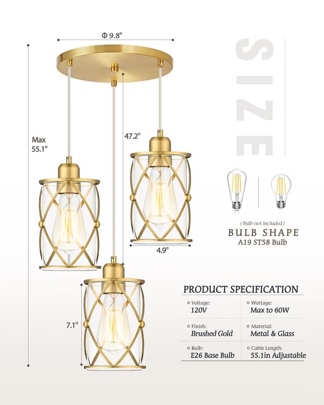 Brushed Gold Pendant Light Fixtures, 3-Light Modern Dining Room Cluster Pendant Light with Milky Glass, Mid Century Cage Hanging Pendant Lighting for Kitchen, Adjustable, CH9176BGW3