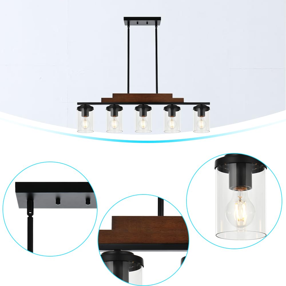 Rustic Chandelier 3 Lights Black Pendant Lighting Linear Kitchen Island Hanging Light Fixture Farmhouse Wood Pendant Ceiling Light Fixture with Clear Glass Shade for Dining Room Pool Table